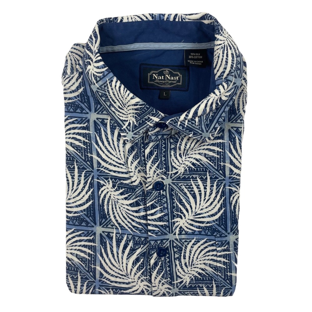 Nat Nast Blue Palm Print Silk Blend Mens S/S Button Front Size Large